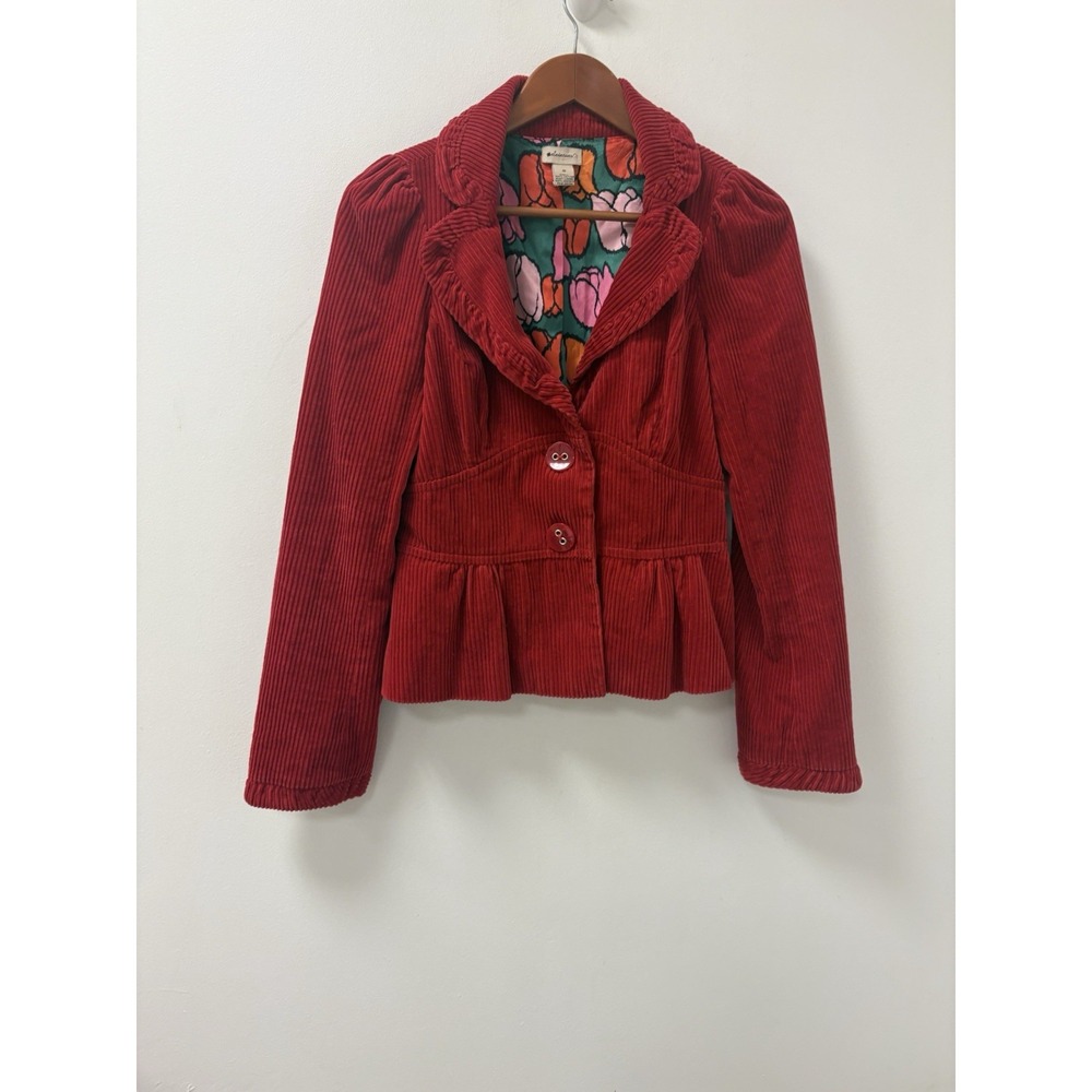 Size 6 Anthropologie Elevenses Jacket Blazer Red Corduroy Peplum
